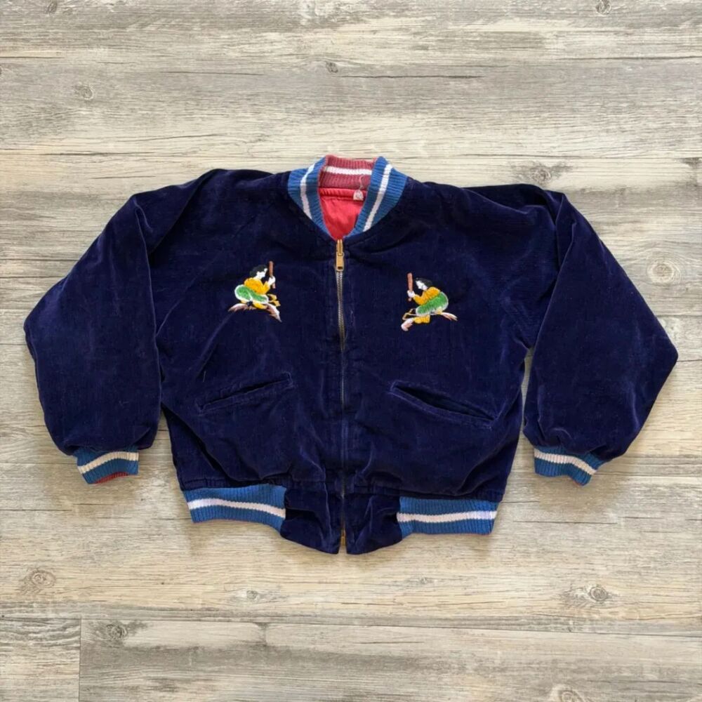 Vintage Korea 1950s Kids Souvenir Sukajan Reversible Velvet Satin Jacket